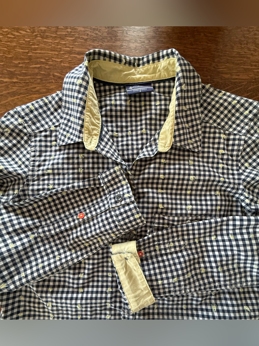 Columbia PFG Gingham Shirt S Yellow Textured Dot Red Accent Buttons Coastal - Picture 10 of 12
